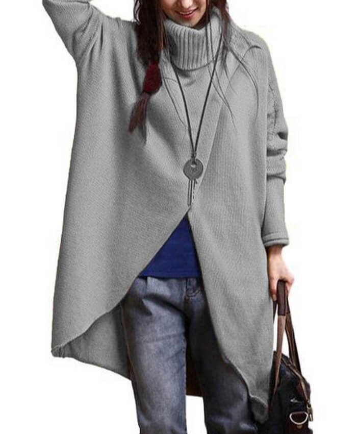 Turtleneck Asymmetric Hem Long Sleeve Grey Sweater